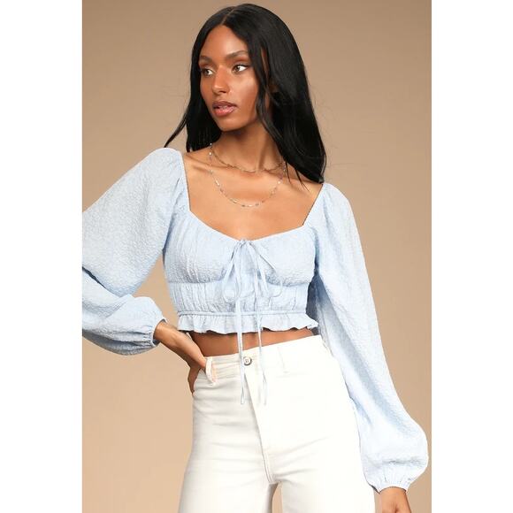 Lulu's Tops - Lulus Feeling Forever Light Blue Floral Jacquard Crop Top Size Large Coquette
